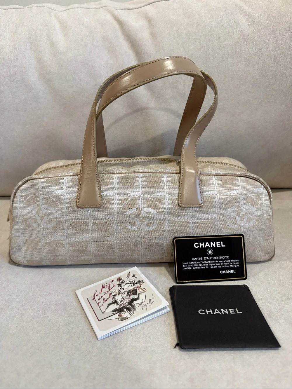 CHANEL Beige Logo Jacquard Satchel with Tan Leather Handles